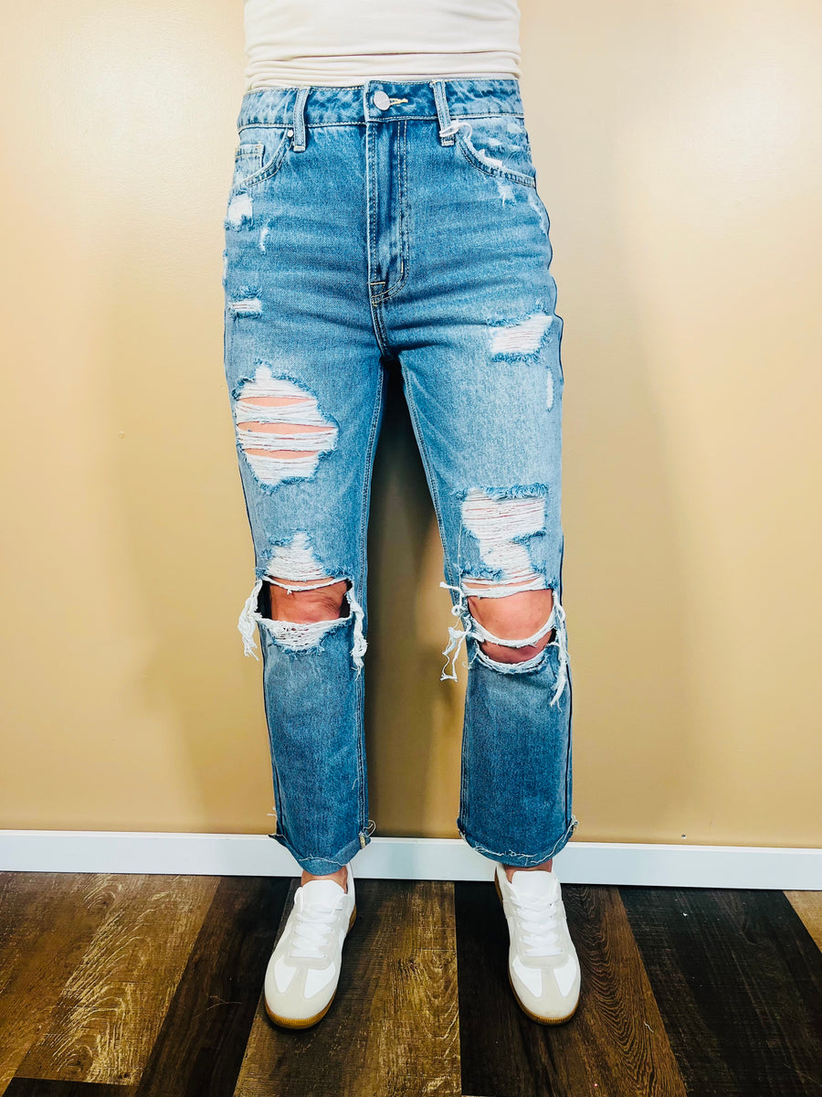 Distressed straight leg jeans hotsell