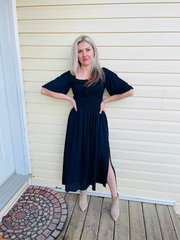 Square Neck Dress with Smocking - Navy