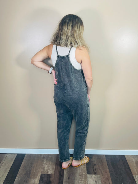 Washed Overalls with Pockets - Ash Black