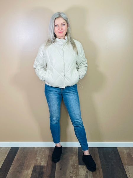 Quilted PU Faux Leather Puffer Jacket - Cream