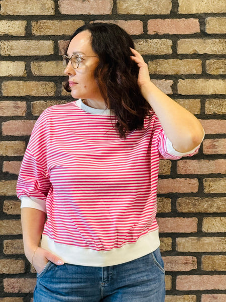 Striped Contrast Trim Top - Hot Pink