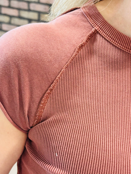 Raglan Contrast Exposed Seam Tee - Terracotta