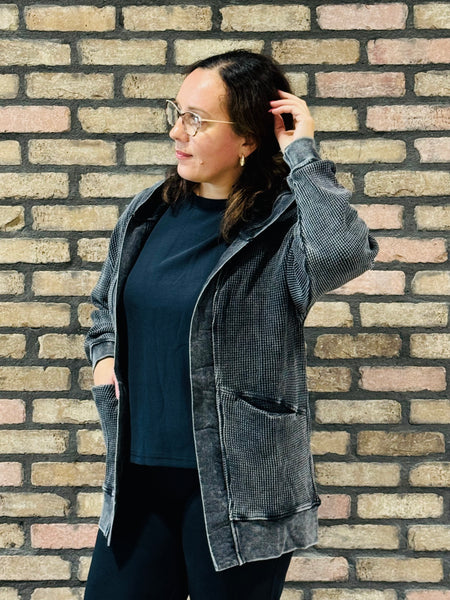 Waffle Washed Cardigan - Black