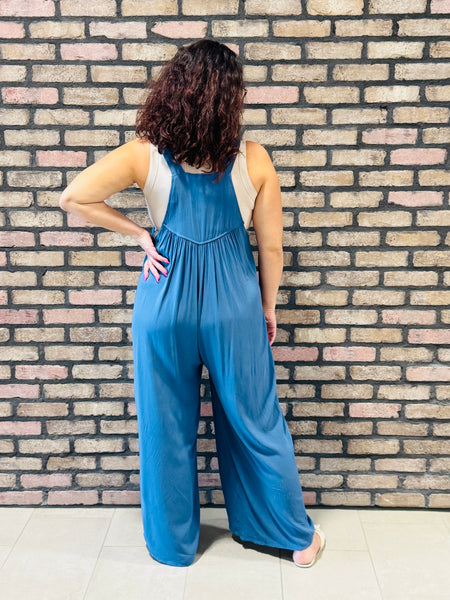 Woven Rayon Crepe Overalls - Dusty Blue