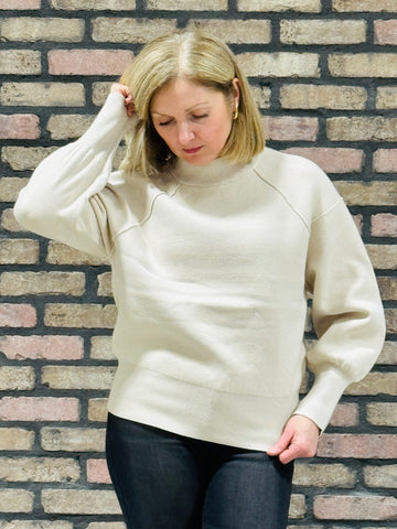 Mock Neck Exposed Seam Sweater - Sand Beige