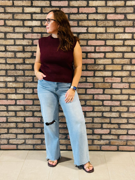 Raw Mock Neck Sweater Top - Burgundy