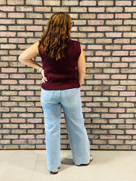 Raw Mock Neck Sweater Top - Burgundy
