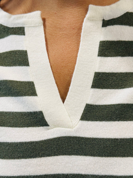 Split Neck Striped Pullover - Olive