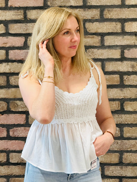 Crochet Tie Straps Peplum Top - White