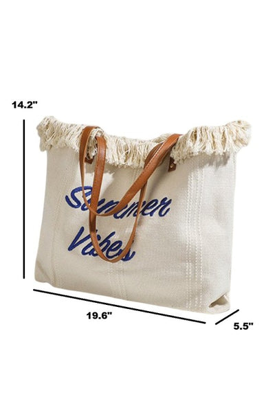 Summer Vibe fringe canvas tote bag - ivory