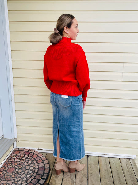 Frayed Long Pencil Skirt - Medium Wash