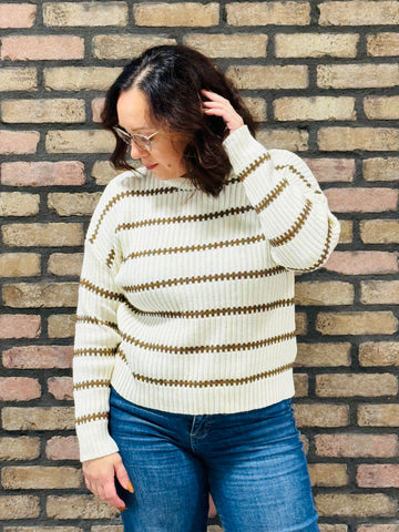 Striped Ribbed Knit Sweater - Cream