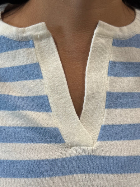 Split Neck Striped Pullover - Cornflower Blue