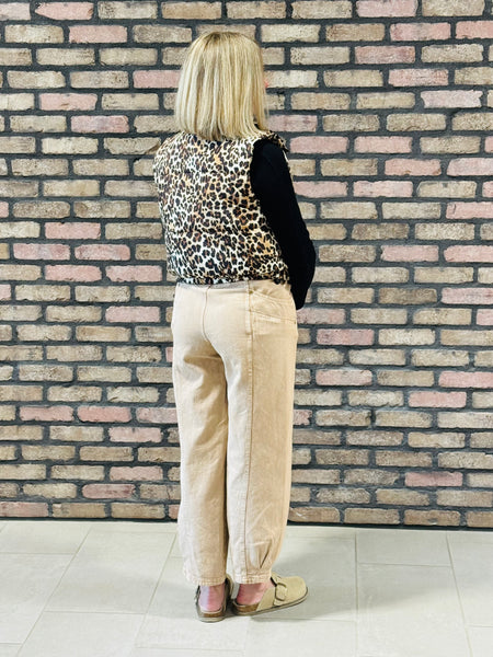 Leopard Print Puffer Vest - Camel