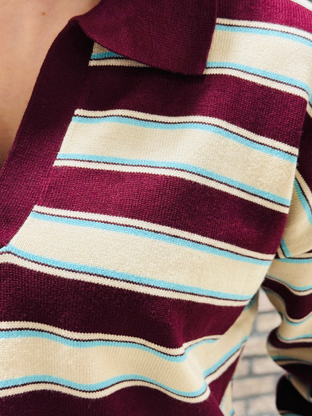 Multi Stripe Polo Sweater - Maroon/Mint