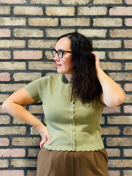 Scalloped Button Down Cardigan - LT Olive