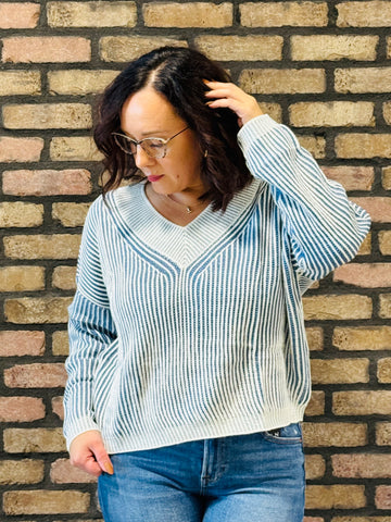 Two-Toned V-Neck Sweater - Blue