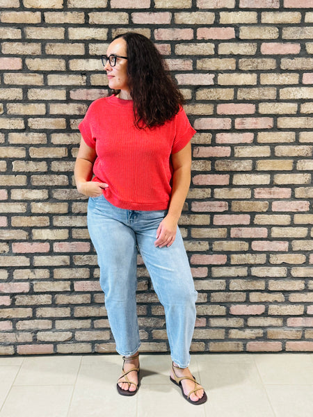 Raised Rib Cap Sleeves Top - Ruby