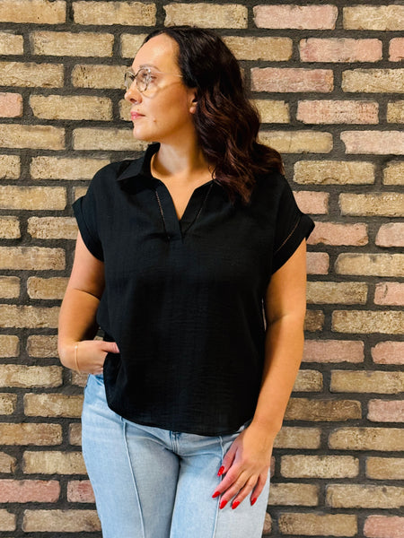Collared Line Lace Detail Top - Black