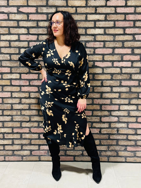 Side Slit Floral Midi Dress - Black