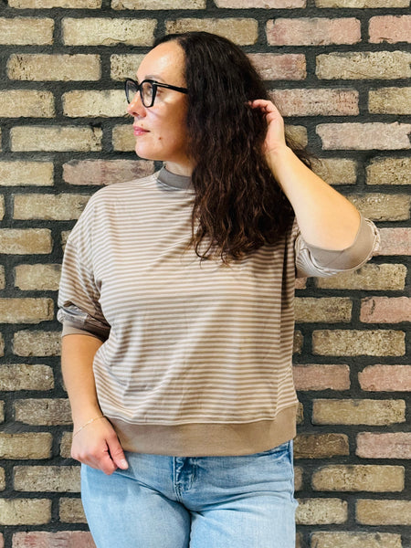 Striped Contrast Trim Top - Ash Mocha/Mocha