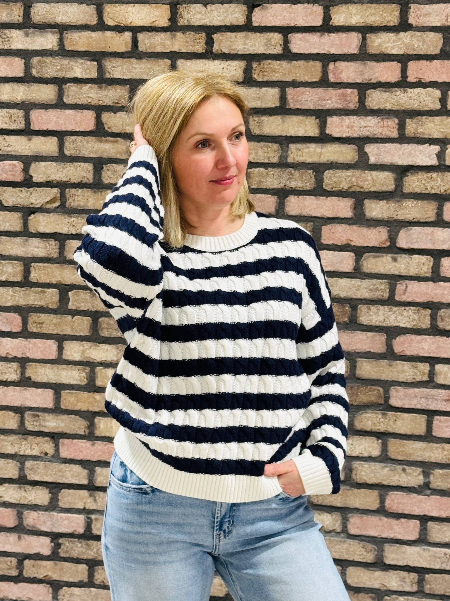 Cable Knit Striped Sweater - Navy