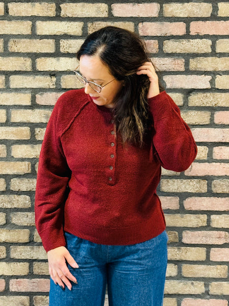 Raglan Sleeves Henley Sweater - Red Wood