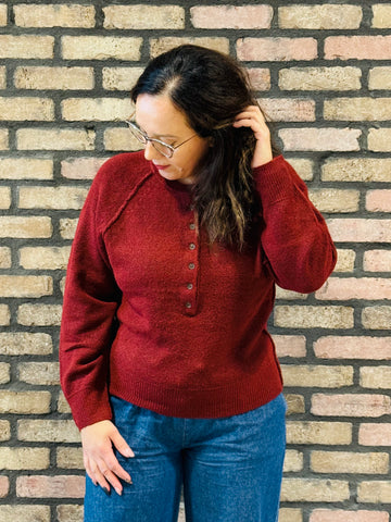 Raglan Sleeves Henley Sweater - Red Wood