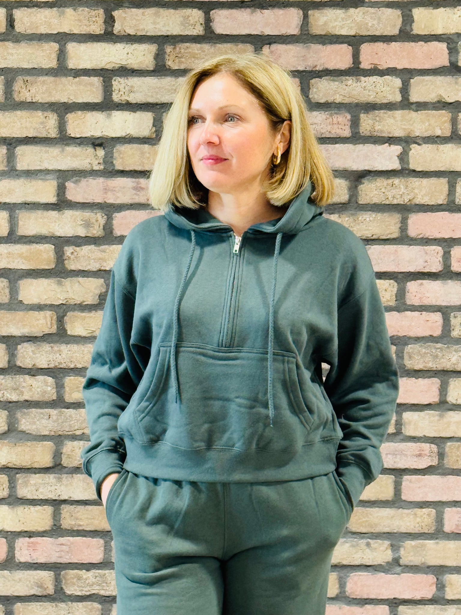 Half Zip-Up Basic Hoodie - Chic Green
