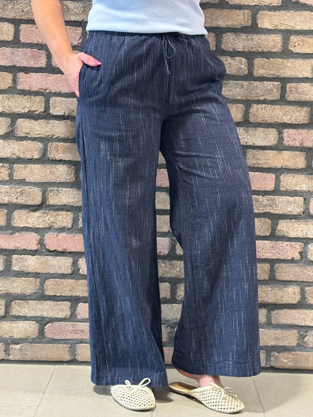 Elastic Waist Stripe Gauze Pants - Navy