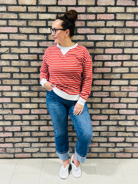 Striped Rib Banded Pullover - Rust
