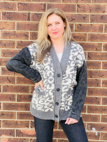 Denim Sleeves Animal Print Cardigan - Grey