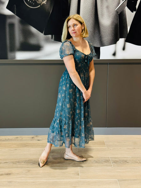 Sheer Floral Dress - Moss Green Multi