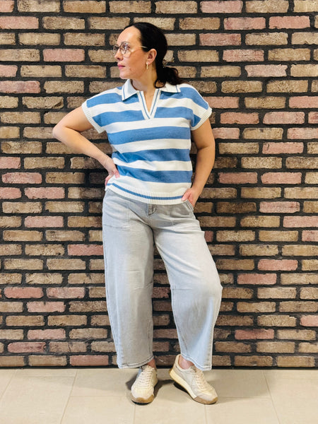Striped Collared Pullover - H Navy