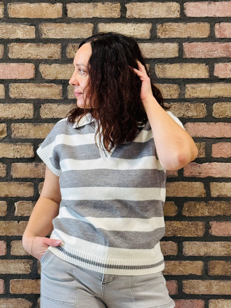 Striped Collared Pullover - H Grey