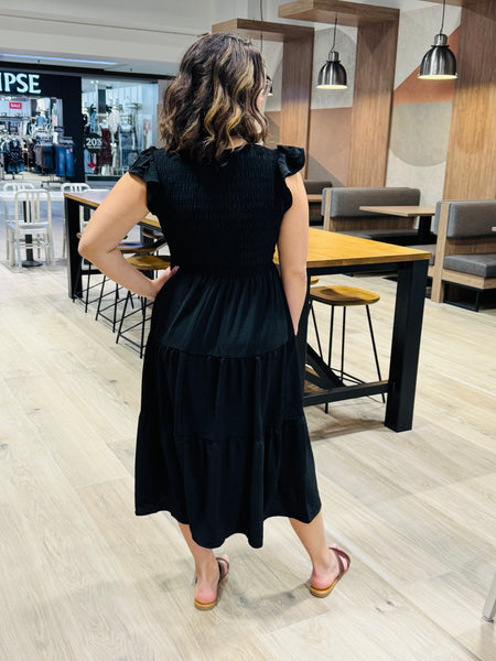 Flutter Sleeves Tiered Midi Dress - Black