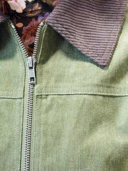 Contrast Corduroy Collar Barn Jacket - Dark Olive