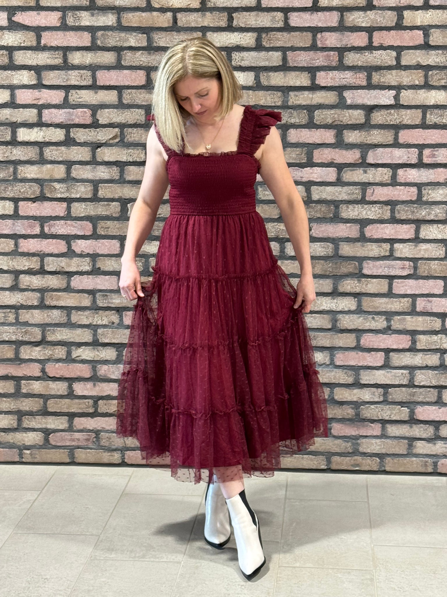 Polka Dot Chiffon Midi Dress - Burgundy