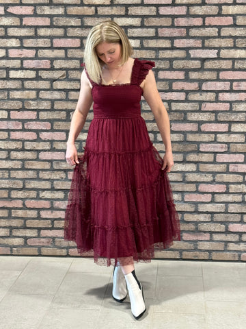 Polka Dot Chiffon Midi Dress - Burgundy