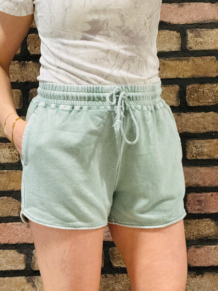 Acid Washed Elastic Waist Shorts - Sage Green