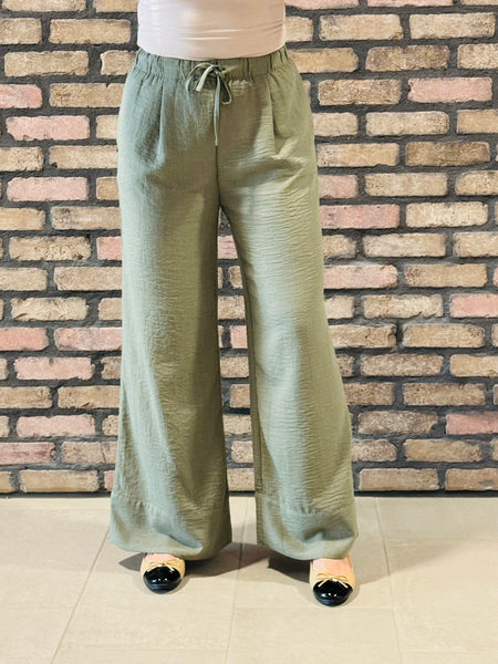 Linen Effect Palazzo Pants - Olive