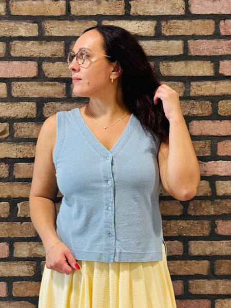 Side Slits Washed Vest Top - Light Denim