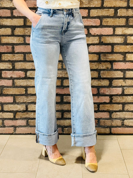 Tummy Control Ankle Wide Jeans - Light Wash