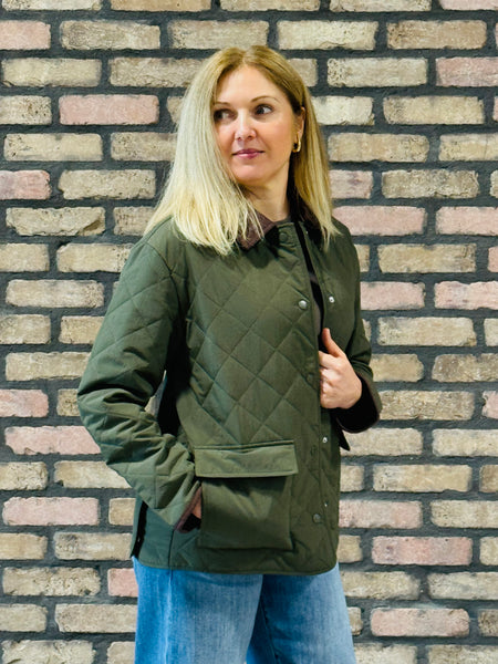 Lapel Collar Quilted Jacket - Dark Olive