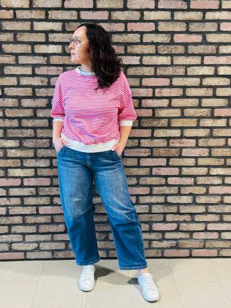 Striped Contrast Trim Top - Hot Pink