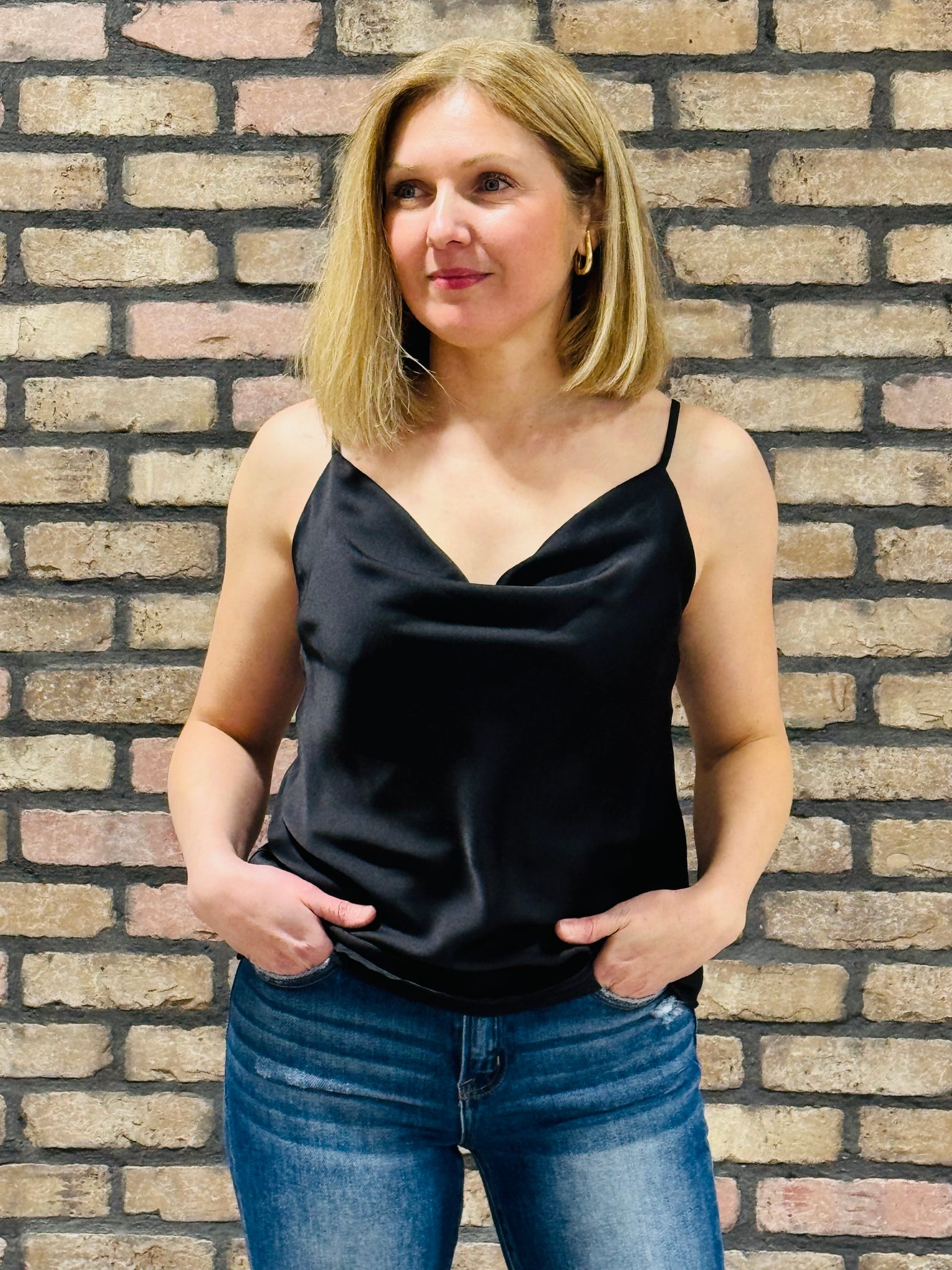 Textured Satin Cami Top - Black