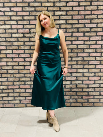 Satin Cowl Neck Midi Dress - Hunter