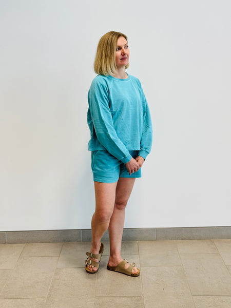 French Terry Pullover and Shorts Set - Turquoise