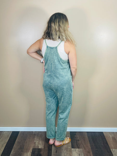 Washed Overalls with Pockets - Ash Jade