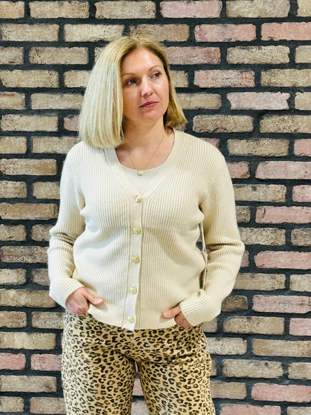 Button Down Ribbed Cardigan - Khaki